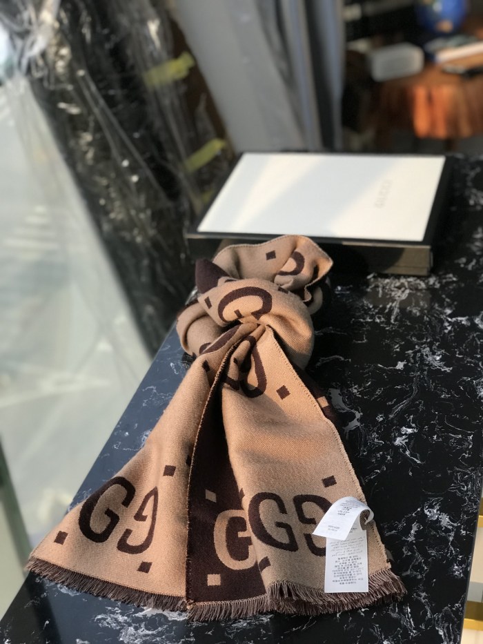 NIGO GUCCI Brown Beige GG Jacquard Wool Silk Scarf #nigo333605