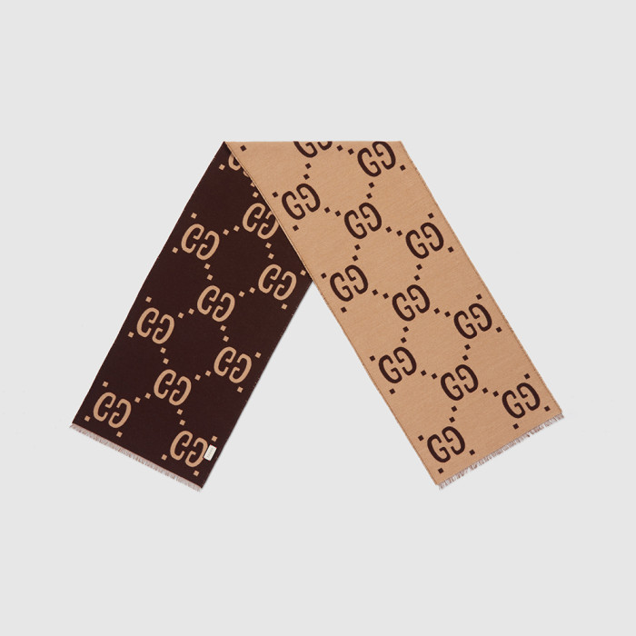 NIGO GUCCI Brown Beige GG Jacquard Wool Silk Scarf #nigo333605