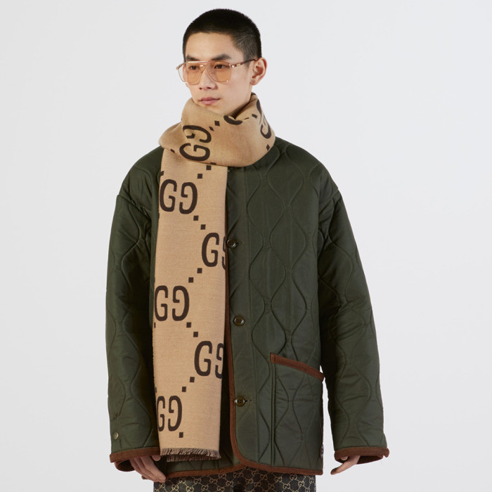 NIGO GUCCI Brown Beige GG Jacquard Wool Silk Scarf #nigo333605