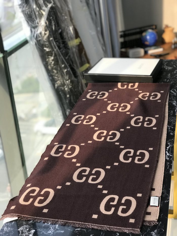 NIGO GUCCI Brown Beige GG Jacquard Wool Silk Scarf #nigo333605
