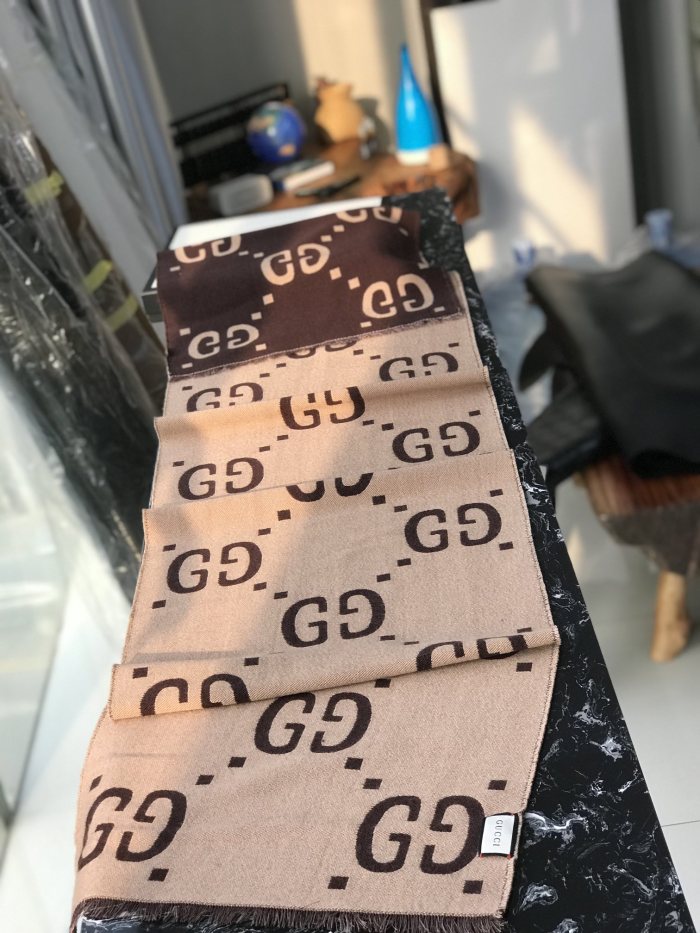 NIGO GUCCI Brown Beige GG Jacquard Wool Silk Scarf #nigo333605