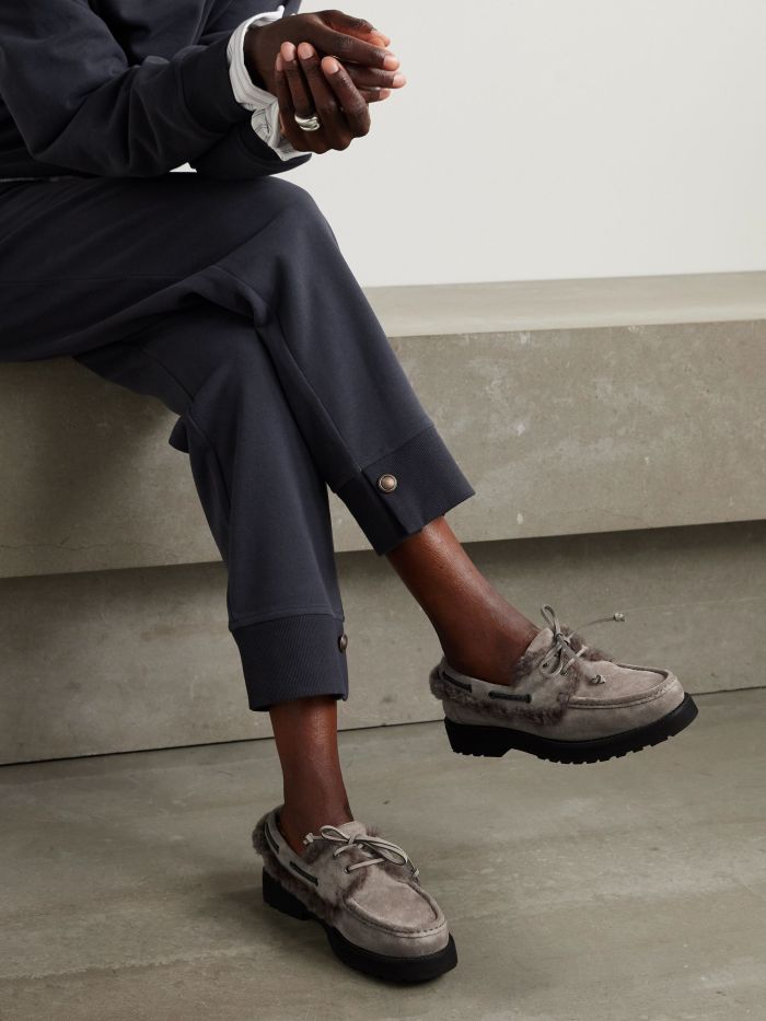 NIGO Brunello Cucinelli Bead Embellished Shearling Trimmed Suede Loafers #nigo333658