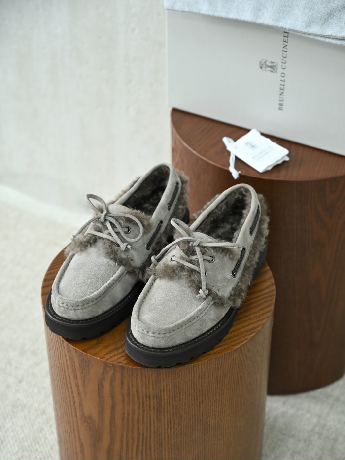 NIGO Brunello Cucinelli Bead Embellished Shearling Trimmed Suede Loafers #nigo333658
