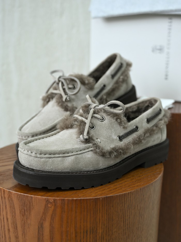 NIGO Brunello Cucinelli Bead Embellished Shearling Trimmed Suede Loafers #nigo333658
