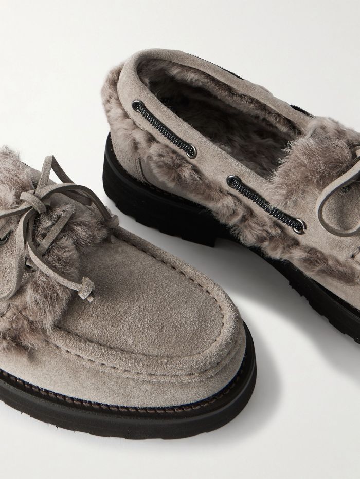 NIGO Brunello Cucinelli Bead Embellished Shearling Trimmed Suede Loafers #nigo333658