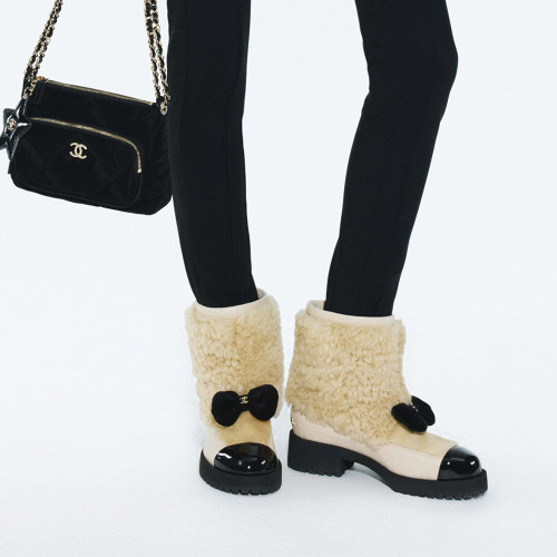 NIGO Chanel Short Boots Shearling Lambskin Calfskin Lambskin Patent Calfskin Beige Black #nigo334244