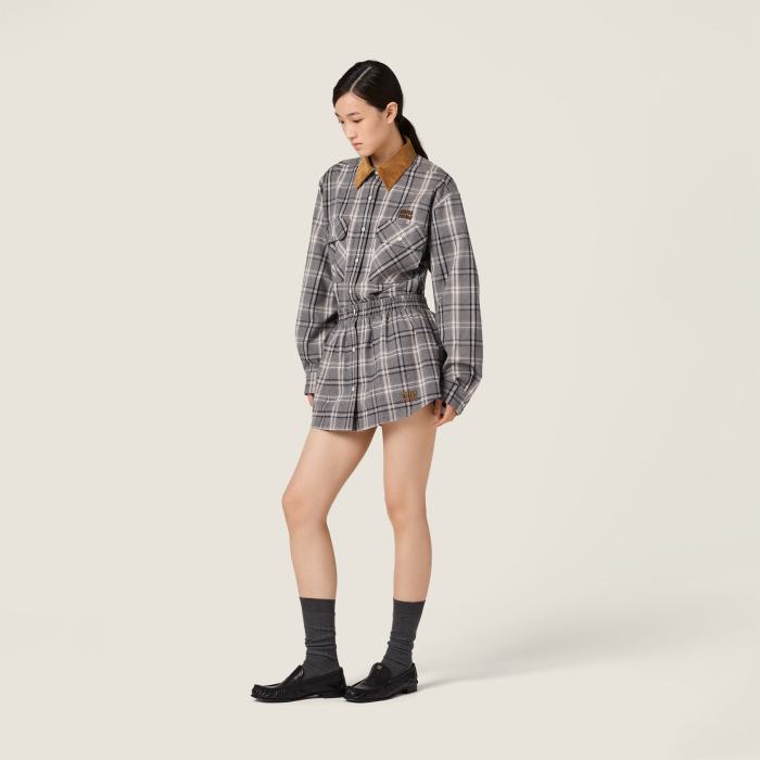 NIGO MiuMiu Slate Gray Checked Flannel Shirt Miniskirt #nigo333609