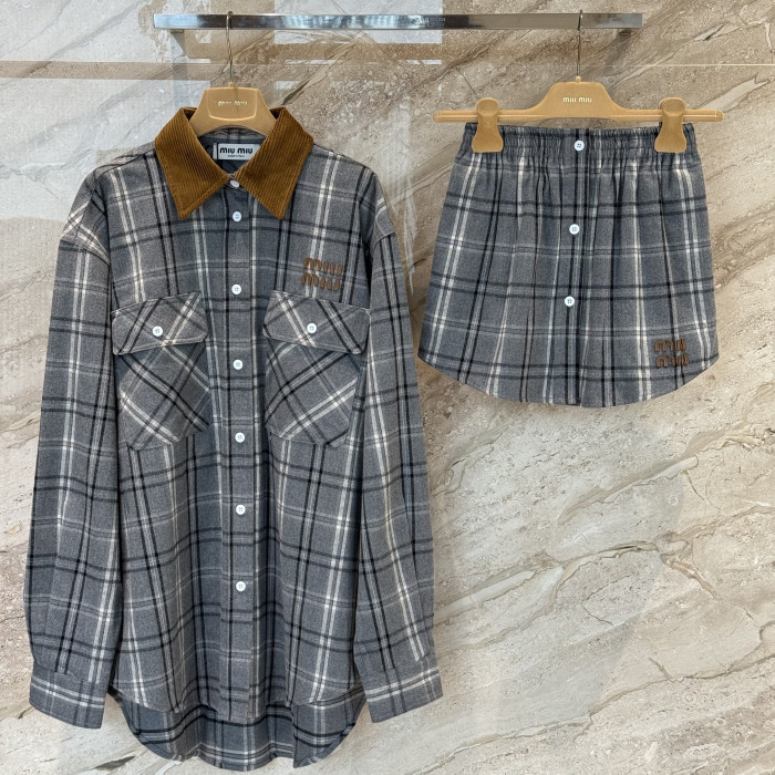 NIGO MiuMiu Slate Gray Checked Flannel Shirt Miniskirt #nigo333609