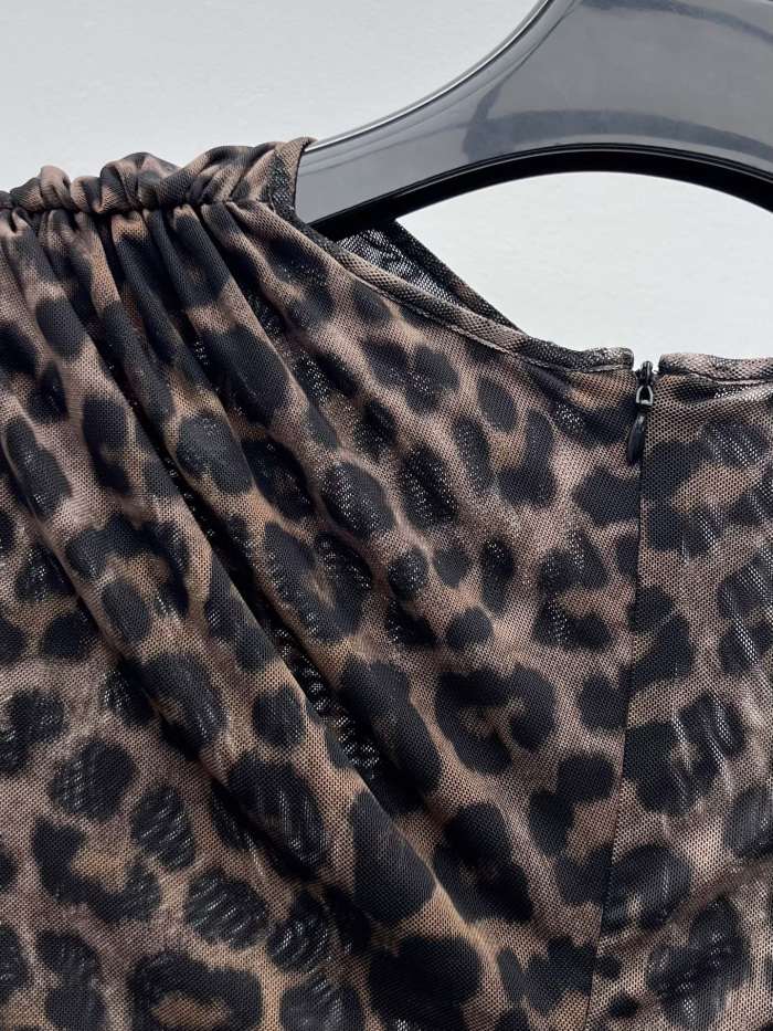 NIGO Saint Laurent Ruched Mini Dress in Leopard Tulle Jersey in Brown #nigo334380