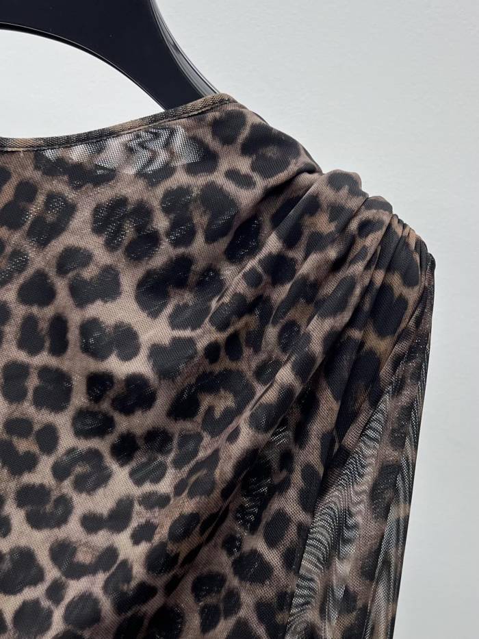 NIGO Saint Laurent Ruched Mini Dress in Leopard Tulle Jersey in Brown #nigo334380