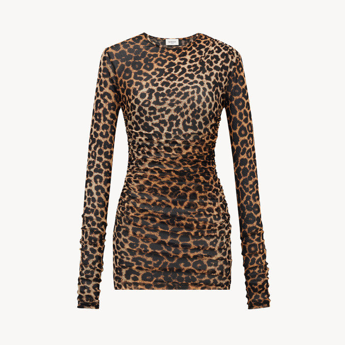 NIGO Saint Laurent Ruched Mini Dress in Leopard Tulle Jersey in Brown #nigo334380