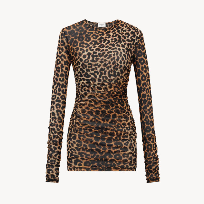 NIGO Saint Laurent Ruched Mini Dress in Leopard Tulle Jersey in Brown #nigo334380