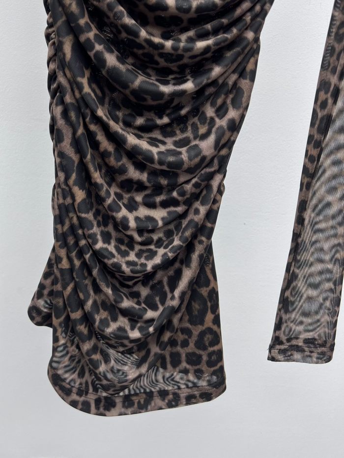 NIGO Saint Laurent Ruched Mini Dress in Leopard Tulle Jersey in Brown #nigo334380