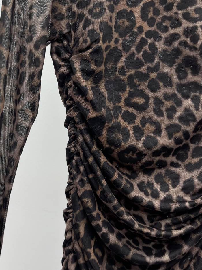 NIGO Saint Laurent Ruched Mini Dress in Leopard Tulle Jersey in Brown #nigo334380