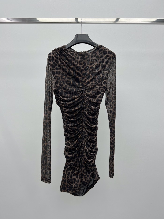 NIGO Saint Laurent Ruched Mini Dress in Leopard Tulle Jersey in Brown #nigo334380