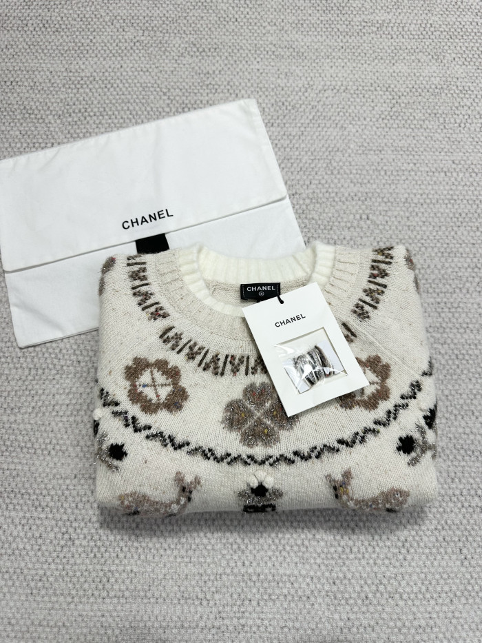 Chanel Pullover Cashmere Ecru Beige Black #nigo334447