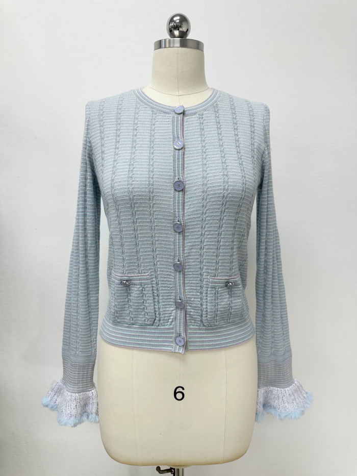 NIGO Chanel Cardigan Short Skirt Cashmere Cotton Feathers Light Blue Purple Pink #nigo334186
