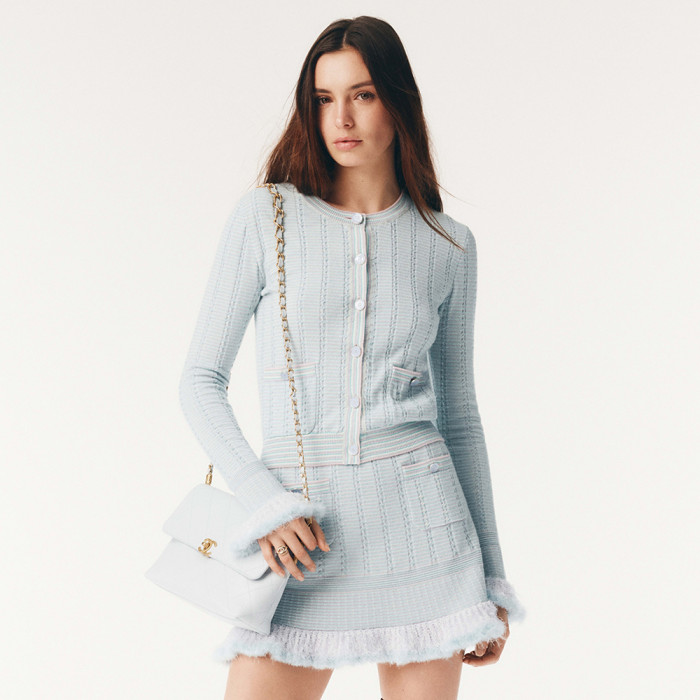 NIGO Chanel Cardigan Short Skirt Cashmere Cotton Feathers Light Blue Purple Pink #nigo334186