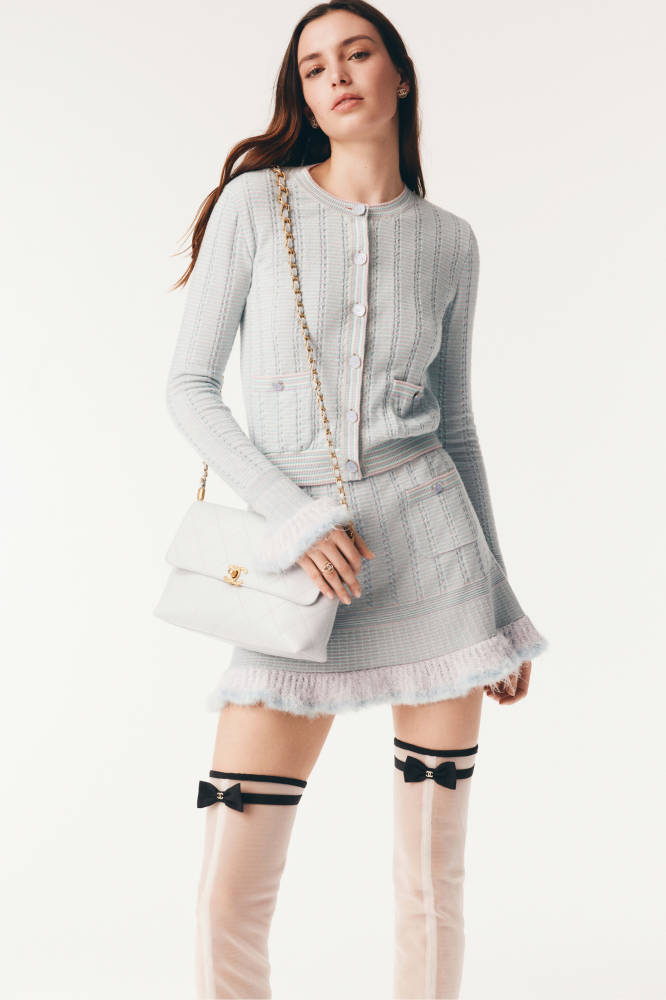 NIGO Chanel Cardigan Short Skirt Cashmere Cotton Feathers Light Blue Purple Pink #nigo334186