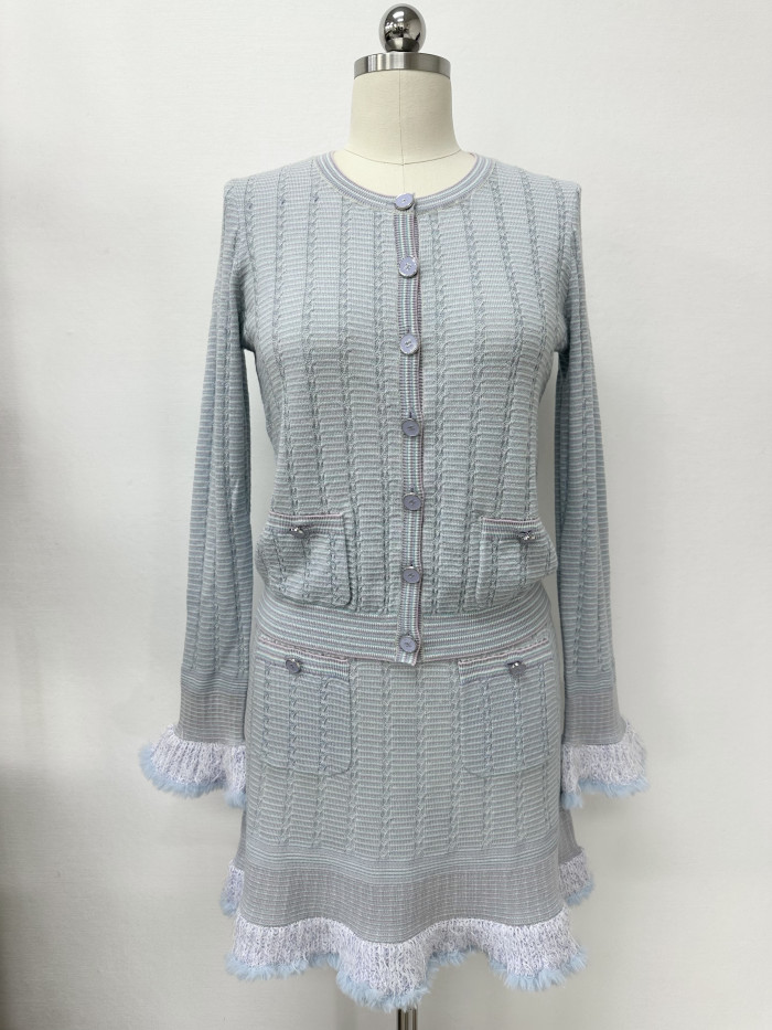 NIGO Chanel Cardigan Short Skirt Cashmere Cotton Feathers Light Blue Purple Pink #nigo334186