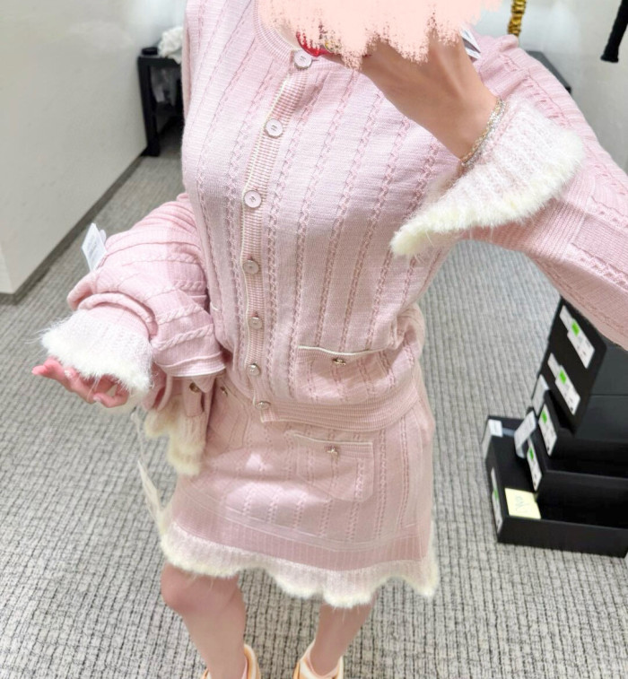 NIGO Chanel Cardigan Short Skirt Cashmere Cotton Feathers Light Blue Purple Pink #nigo334186
