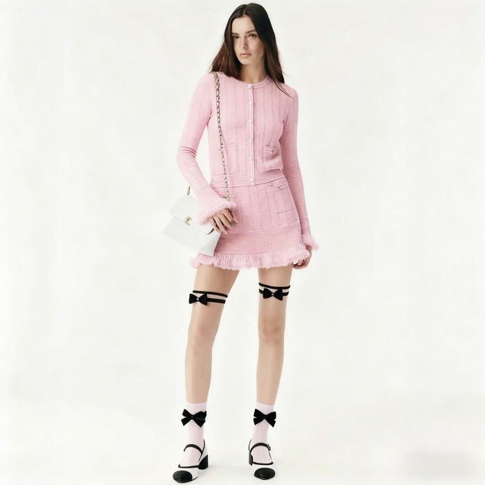 NIGO Chanel Cardigan Short Skirt Cashmere Cotton Feathers Light Blue Purple Pink #nigo334186