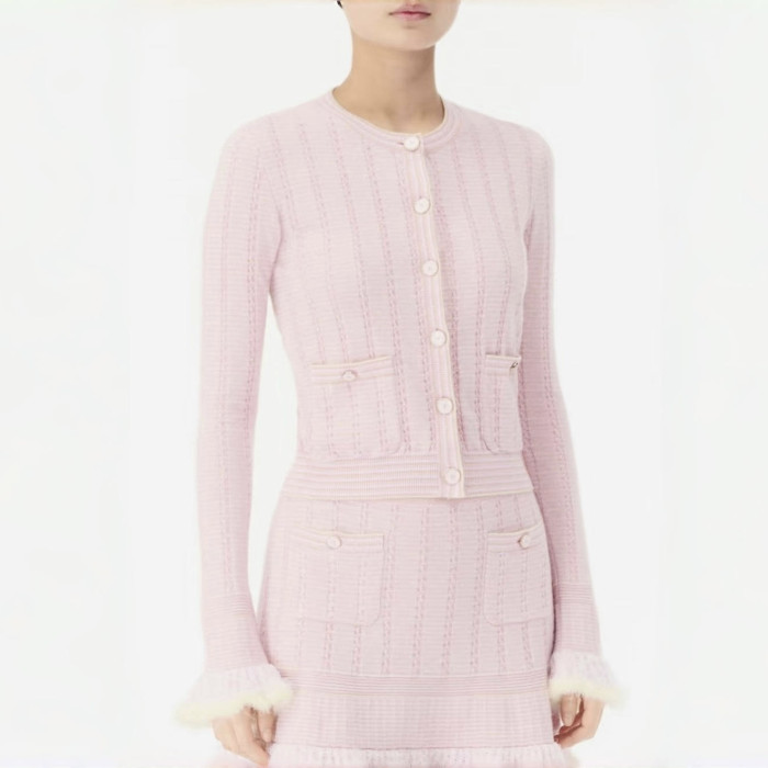 NIGO Chanel Cardigan Short Skirt Cashmere Cotton Feathers Light Blue Purple Pink #nigo334186