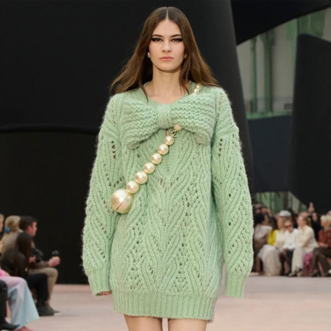 NIGO Chanel 25K Fall/Winter Haute Couture Collection Long Sleeves Short Dress Mohair And Wool Light Green #nigo332110