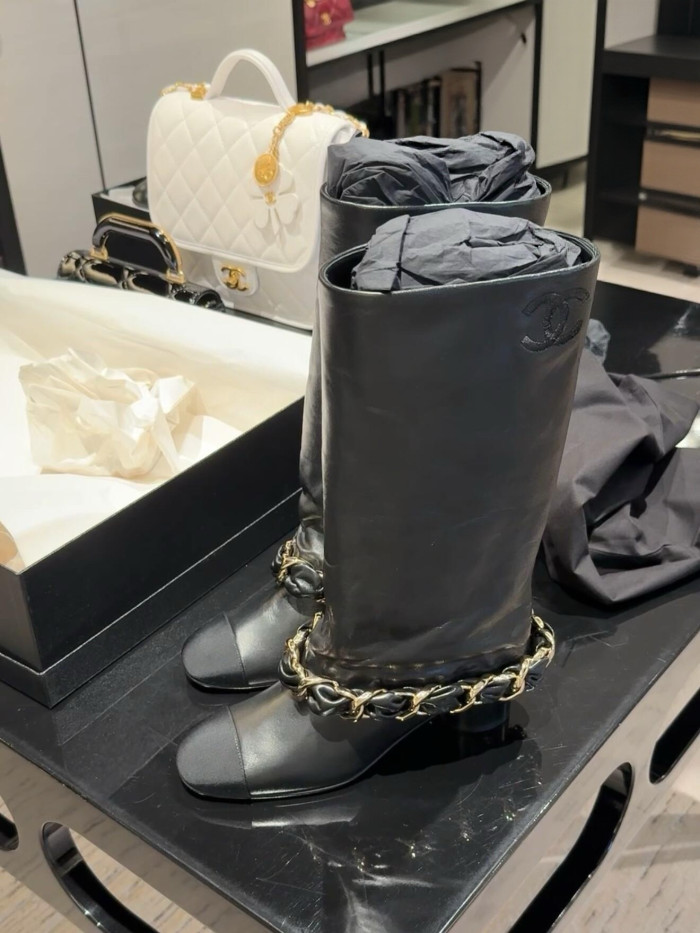 NIGO Chanel High Boots Lambskin Grosgrain Black #nigo335049