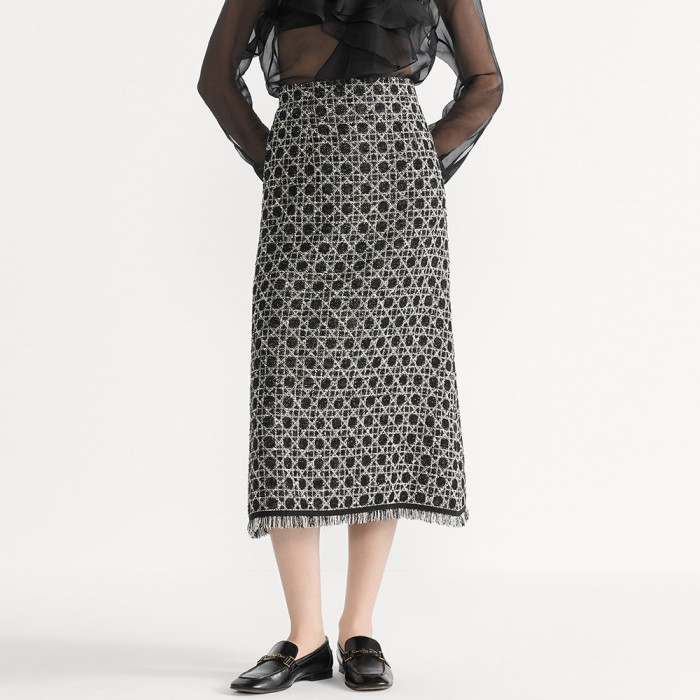 NIGO DIOR Macrocannage Regular Fit Jacket Mid-Length Macrocannage Flared Skirt  Black White Cotton-Blend Tweed Knit  #nigo334340