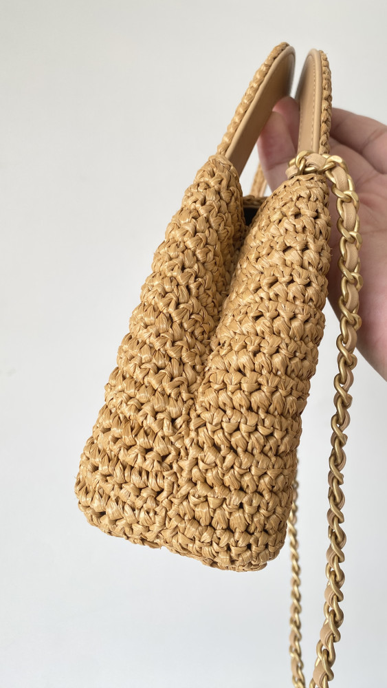 NIGO Chanel Mini Shopping Bag Braided Raffia Gold Tone Metal Dark Beige #nigo335258