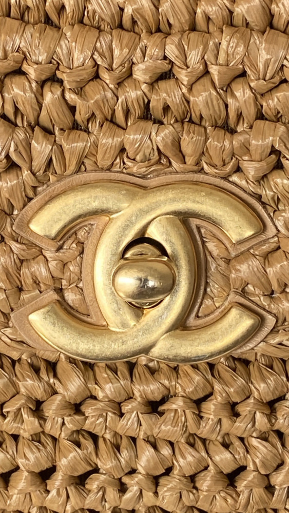 NIGO Chanel Mini Shopping Bag Braided Raffia Gold Tone Metal Dark Beige #nigo335258
