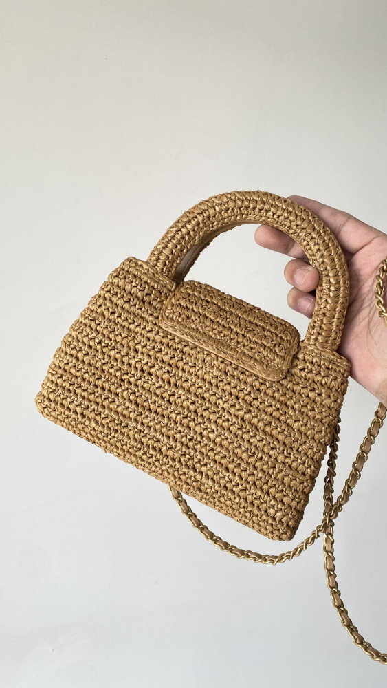 NIGO Chanel Mini Shopping Bag Braided Raffia Gold Tone Metal Dark Beige #nigo335258