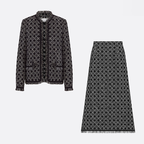NIGO DIOR Macrocannage Regular Fit Jacket Mid-Length Macrocannage Flared Skirt  Black White Cotton-Blend Tweed Knit  #nigo334340