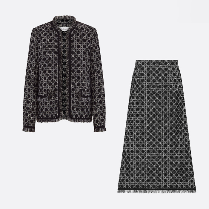 NIGO DIOR Macrocannage Regular Fit Jacket Mid-Length Macrocannage Flared Skirt  Black White Cotton-Blend Tweed Knit  #nigo334340