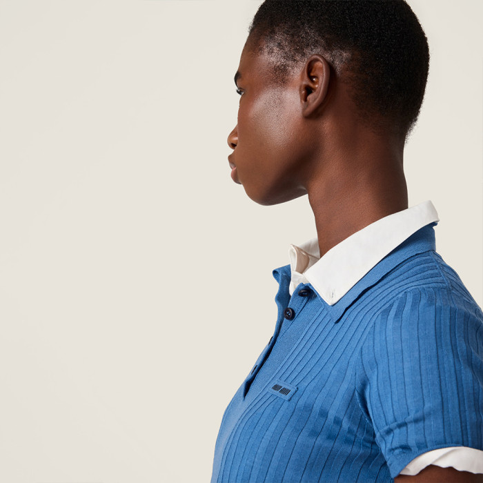 NIGO MiuMiu Aviator Blue Ribbed Knit Wool Polo Shirt #nigo335649