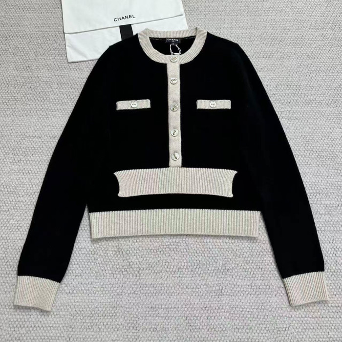 NIGO Chanel 25K Women's Little Fragrance Black and White Color Clash Button Bow Long Sleeve Knitted Cardigan #nigo332367