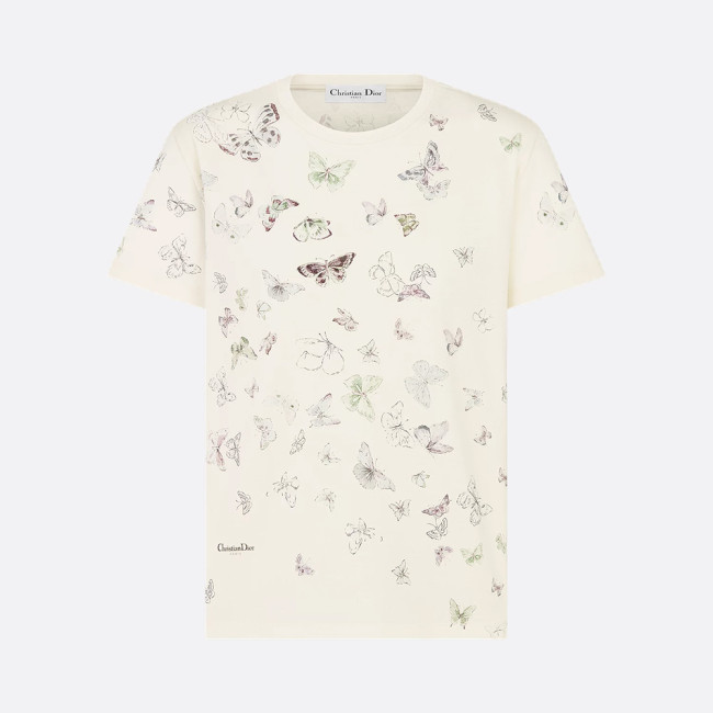 NIGO DIOR T-Shirt Beige Cotton Jersey with Multicolor Dioresque Butterfly Motif #nigo335854