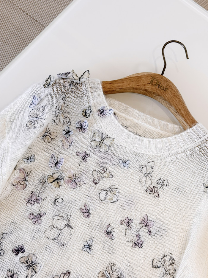 NIGO DIOR Embroidered Sweater White Alpaca Cashmere and Silk Knit with Multicolor Butterflies Iris Motif #nigo335853
