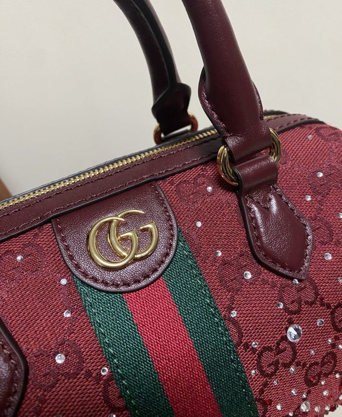NIGO GUCCI Ophidia crystals small boston bag in Rosso Ancora red GG canvas #nigo335872