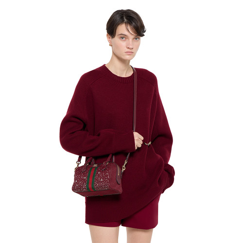NIGO GUCCI Ophidia crystals small boston bag in Rosso Ancora red GG canvas #nigo335872