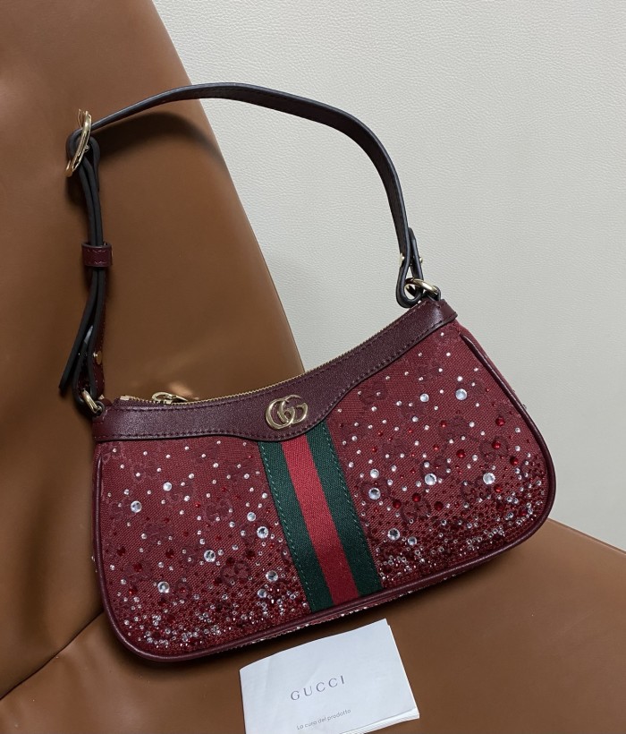 NIGO Gucci Ophidia crystals small shoulder bag in Rosso Ancora red GG canvas #nigo335871