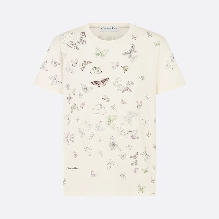 NIGO DIOR T-Shirt Beige Cotton Jersey with Multicolor Dioresque Butterfly Motif #nigo335854