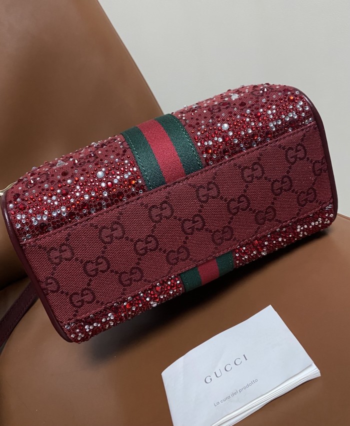 NIGO GUCCI Ophidia crystals small boston bag in Rosso Ancora red GG canvas #nigo335872