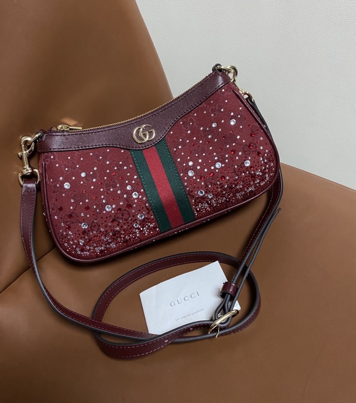 NIGO Gucci Ophidia crystals small shoulder bag in Rosso Ancora red GG canvas #nigo335871