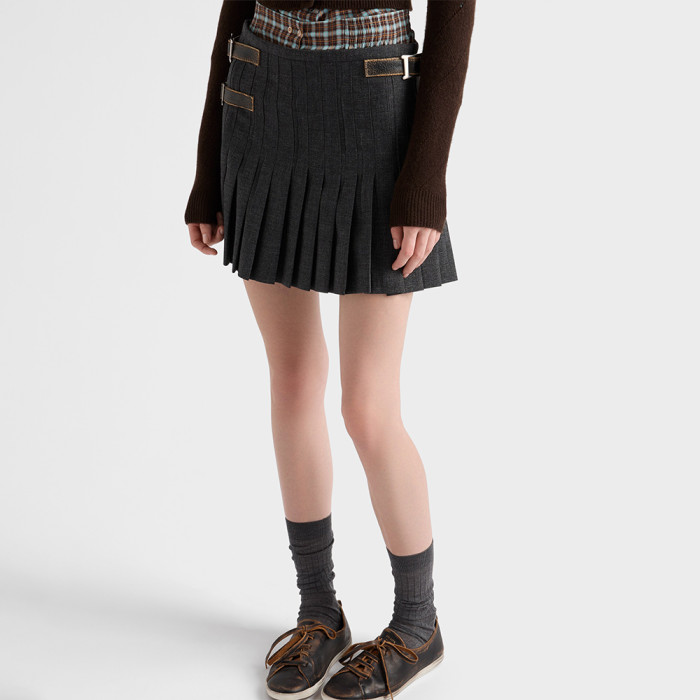 NIGO PRADA Slate Gray Pleated Rush Stitch Wool Miniskirt #nigo335944