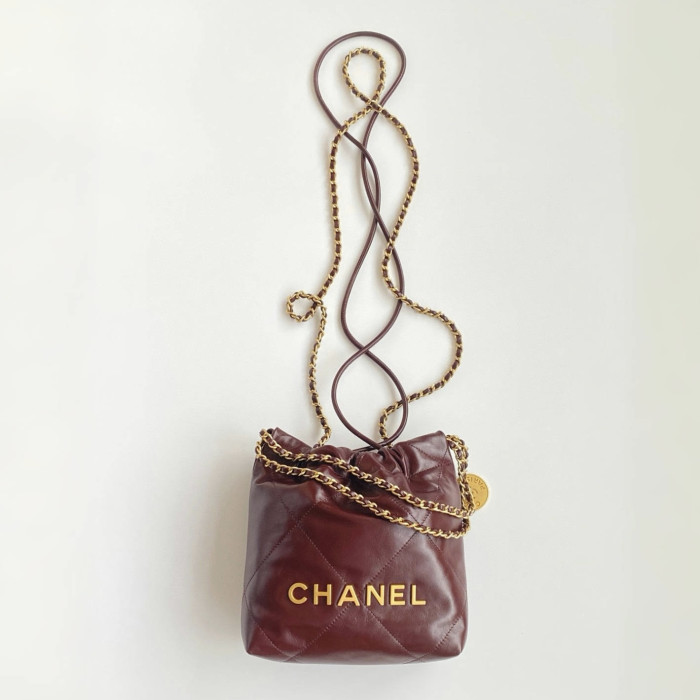 NIGO Chanel 22 Mini Handbag Shiny Calfskin Gold-tone Metal #nigo319128