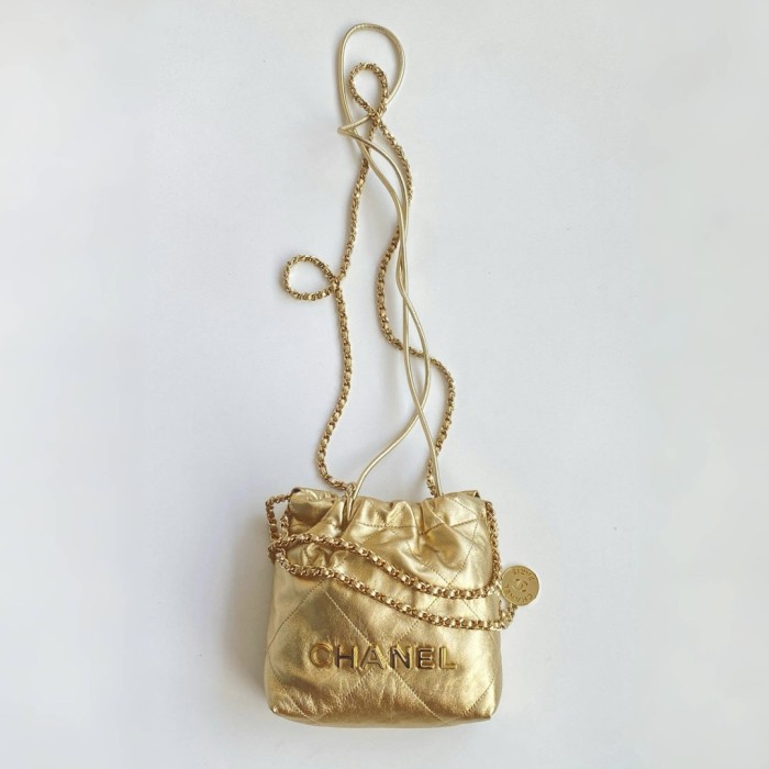 NIGO Chanel 22 Mini Handbag Shiny Calfskin Gold-tone Metal #nigo319128