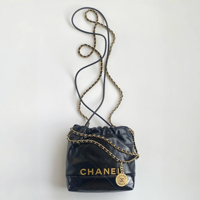 NIGO Chanel 22 Mini Handbag Shiny Calfskin Gold-tone Metal #nigo319128