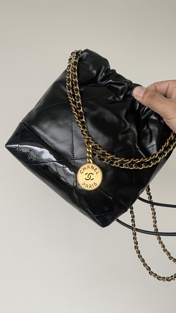 NIGO Chanel 22 Mini Handbag Shiny Calfskin Gold-tone Metal #nigo319128